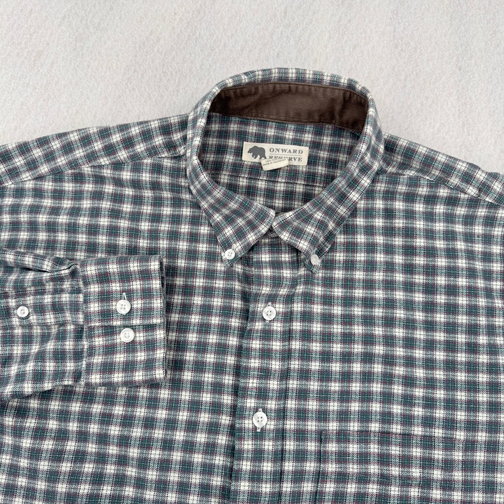 Onward Reserve Mens L Long Sleeve Flannel Button Down Green Plaid Casual Preppy